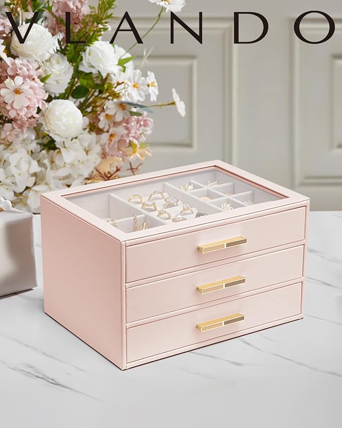 VLANDO Jewelry Box for Women, Glass Lid Jewelry Organizer with 3 Drawers for Necklaces Rings Earrings Bracelets Mother Day Gi