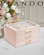 VLANDO Jewelry Box for Women, Glass Lid Jewelry Organizer with 3 Drawers for Necklaces Rings Earrings Bracelets Mother Day Gi