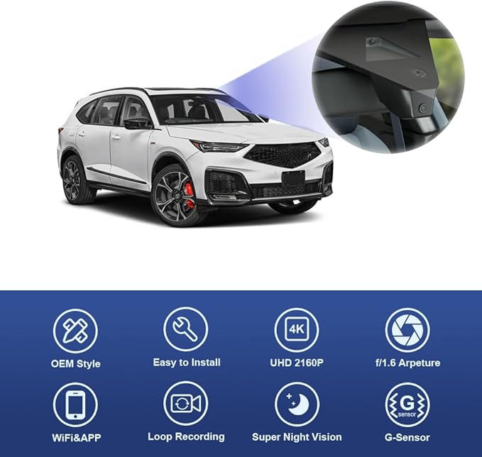 Fitcamx 4K Dash Cam Suitable for Acura MDX 2025-2026 & Type S (HD2-D4600), OEM Factory Look, 2160P UHD Video, Built-in WiFi & APP, Loop Recording, Collision Detection, Easy to Install, 64GB Card