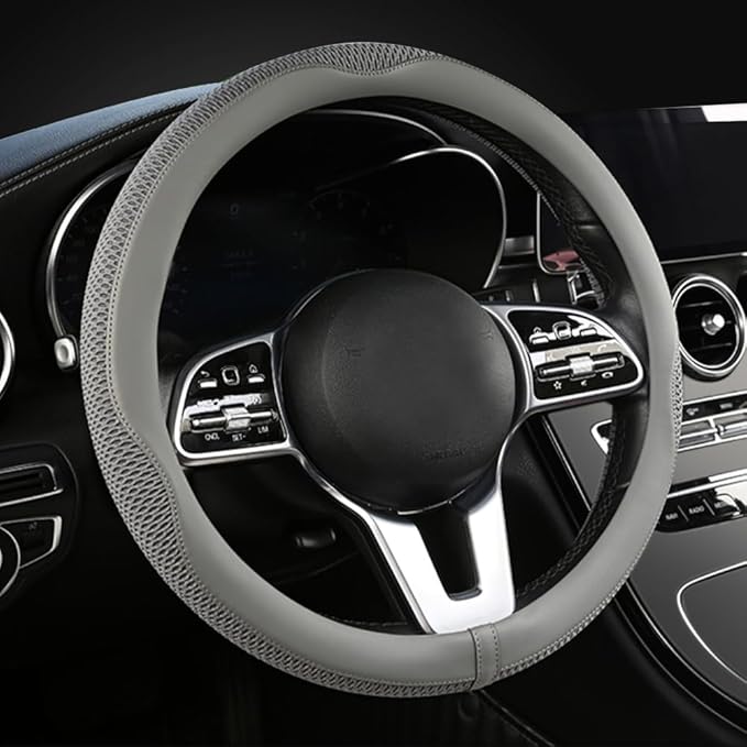 LKWLIKEI Car Steering Wheel Cover, Universal 15 inch, The Latest Microfiber Leather Breathable Technology Fabric, Non-Slip, C