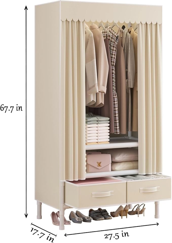 Portable Closet,Garment Rack,Heavy Duty Clothes Rack with Cover,Wardrobe Closet with 1 Hanging Rods, 2 Storage Shelves and 2 