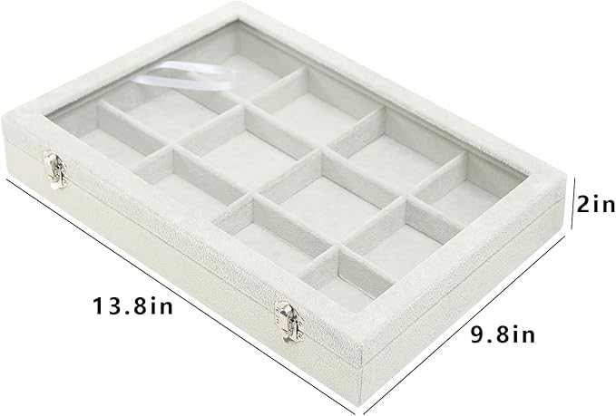 Coward Jewelry Organizer Tray Box, Grey Beige Velvet 12 Grids Bracelet Bangle Necklace Jewelry Display Tray Case with Transpa