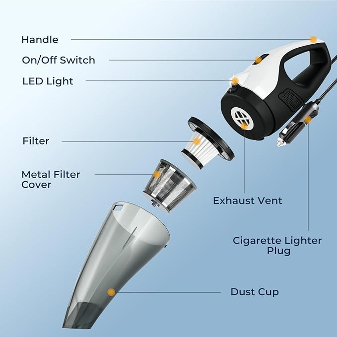ezly Hand Held Car Vacuum Cleaner 6000PA Powerful Suction, Portable Mini Car Vacuum Cleaner, Handheld Vacuum with Washable Fi