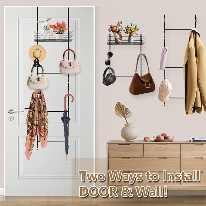 Over The Door Purse Organizer, Hanging Purse Organizer, Wall-Mounted Handbag Storage Rack with 16 Hooks & Metal Basket, Space
