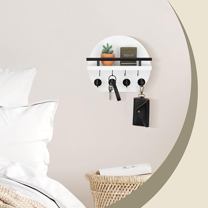 Nekon Key Holder for Wall - 9.8 Inch Apartment Wall Decor with Shelf and 8 Key Hooks, Circular Wood Key Hanger for Home Decor