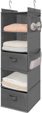 MAX Houser 5 Tier Shelf Hanging Closet Organizer, Cloth Hanging Shelf with 2 Sturdy Hooks for Storage, Foldable (Grey-D2)