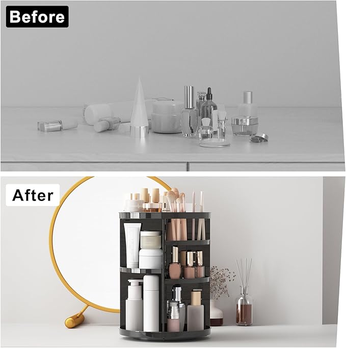 Jiavarry Rotating Makeup Organizer for Vanity, 360 Spinning Skincare Organizers with Adjustable Trays, Make Up Desk Storage C