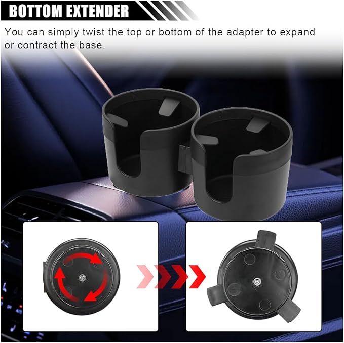 Car Double Cup Holder Extender, 2-in-1 Car Cup Holder Adapter with Adjustable Base, Universal Multifunctional Cup Holder Organizer for Beverage, Snack, Cup, Bottle Storage (Black)