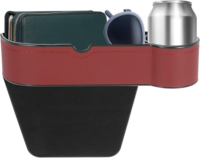 HARFINGTON Car Seat Gap Filler Organizer 10.6 x 7.1 x 2.8 Inch ABS+Leather Universal Car Organizer Storage Box Between Seat and Console (Right) with Cup Holders for Phone Keys, Wine Red