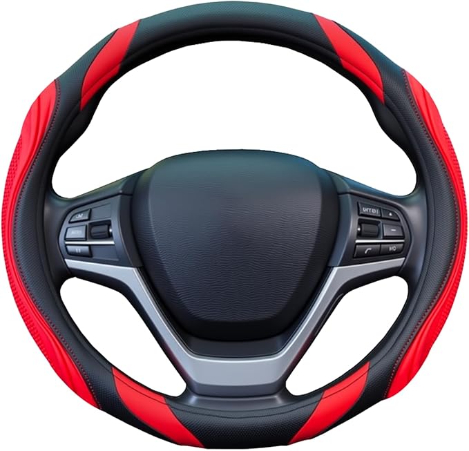 Concave Convex Massage Black Red Microfiber Leather Steering Wheel Cover, 14.5-15 Inch Non-Slip Breathable Microfiber Car Ste