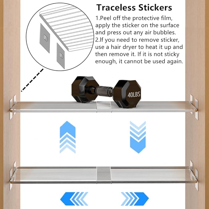 Expandable Closet Tension Shelf with Strong Adhesive, Metal Wire Hanging Shelves Closet Divider Separator Storage Shelves for
