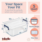 Tribello Plastic Storage Bins with Lids, Clear Stackable Storage Containers - 5 Qt - 3 Pack
