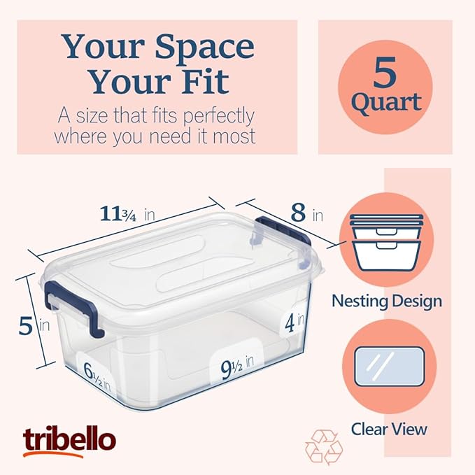 Tribello Plastic Storage Bins with Lids, Clear Stackable Storage Containers - 5 Qt - 3 Pack