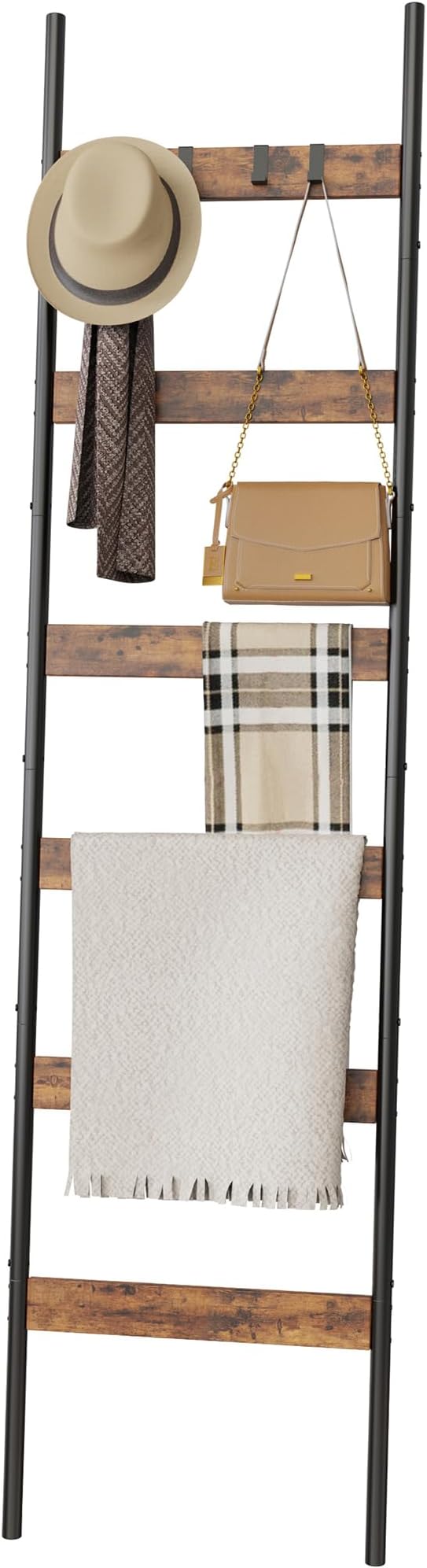 Blanket Ladder, 6-Tier Towel Holder with 4 Removable Hooks, Farmhouse Wall Leaning Decorative Rack Shelf, Wooden Towel Displa