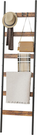 Blanket Ladder, 6-Tier Towel Holder with 4 Removable Hooks, Farmhouse Wall Leaning Decorative Rack Shelf, Wooden Towel Displa