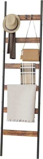 Blanket Ladder, 6-Tier Towel Holder with 4 Removable Hooks, Farmhouse Wall Leaning Decorative Rack Shelf, Wooden Towel Displa