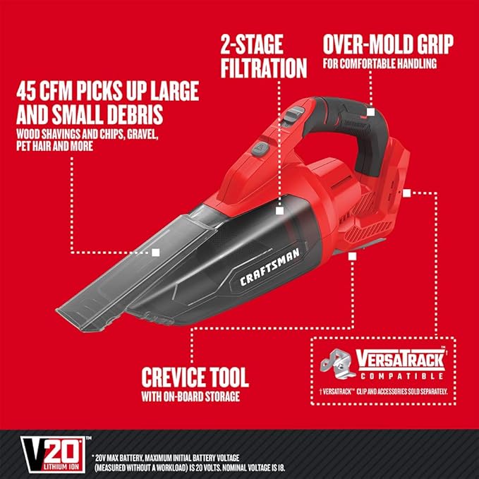 CRAFTSMAN V20 Cordless Hand Vacuum, 45 CFM, 2 Stage Filtration System with Filter, Bare Tool Only (CMCVH001B)