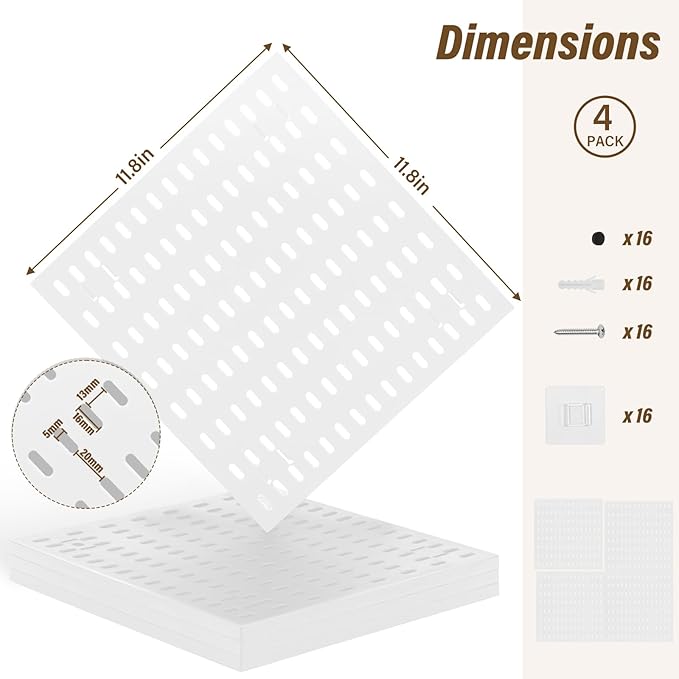 AKTOP Peg Board Wall Organizer 4-Pack – 12"x12" Plastic Pegboard Panels for Walls, White Desk Wall Mount Peg Board for Home, 