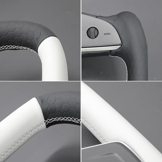 MEWANT Hand Stitched White Leather Steering Wheel Cover Wrap for Tesla Model S 2021-2023 / Model X 2021-2023 Steering Wheel Accessories