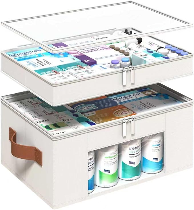 Medicine Organizer for Cabinet, 2-Tier Foldable Medicine Storage Box with Clear Cover and Leather Handle, Empty First Aid Kit