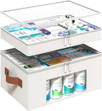 Medicine Organizer for Cabinet, 2-Tier Foldable Medicine Storage Box with Clear Cover and Leather Handle, Empty First Aid Kit