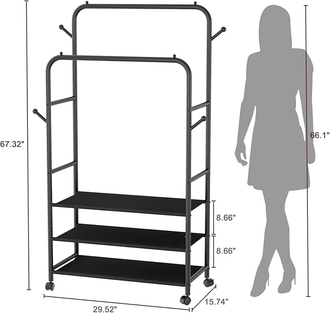 Furologee Clothes Racks for Hanging Clothes, Double Rods Clothing Rack with 3-Tier Storage Shelves, Rolling Garment Wardrobe 