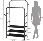 Furologee Clothes Racks for Hanging Clothes, Double Rods Clothing Rack with 3-Tier Storage Shelves, Rolling Garment Wardrobe 