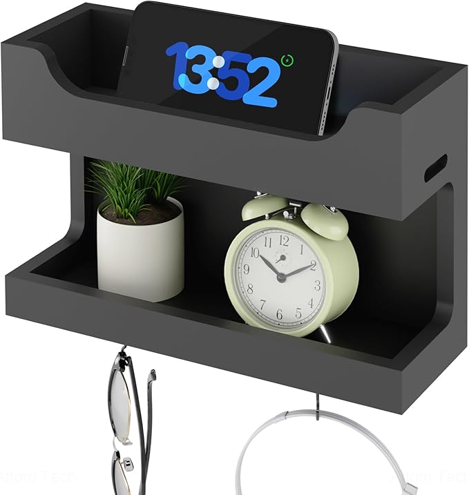 NiHome Wall Mounted Wooden Bedside Accessories Organizer, Double Tray Bedside Storage Shelf Rack with Magnetic Hooks, Bedroom