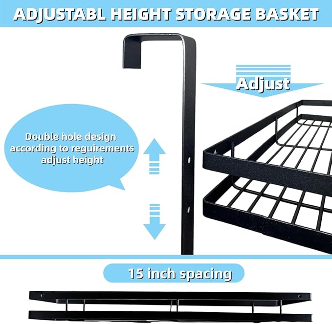 Broom Holder Door Mount,Door Mounted Broom and Mop Holder with Dual Tool Hooks, Three Slots, and One Tool Storage Basket For 