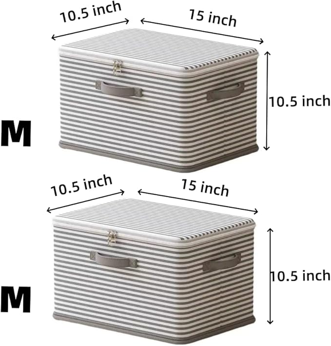 Foldable Storage Containers, Gray Striped Fabric Boxes with Lids, Stackable Closet Organizer Bins for Bedroom, Clothing Stora