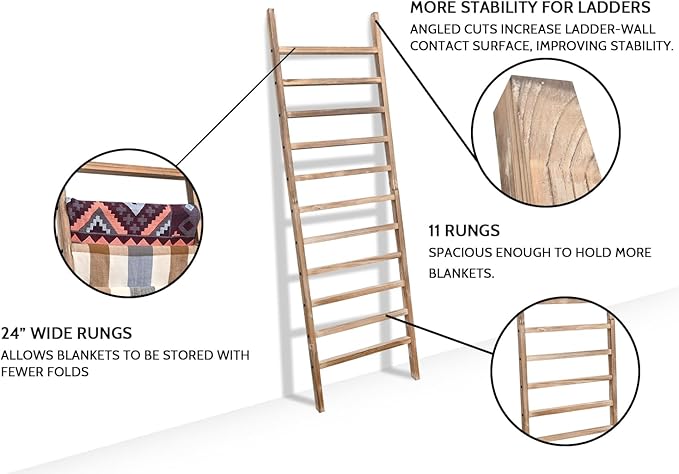FUIN 6.4ft Extra Wide Wooden Blanket Ladder Living Room Decorative Wal Leaning Farmhouse Quilt Display Holder Rustic Wood Tow