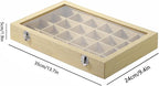 Coward Jewelry Organizer Box, Yellow Linen 24 Grids Ring Earring Jewelry Display Tray Case with Transparent Glass Lid for Hom