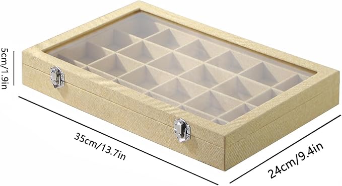 Coward Jewelry Organizer Box, Yellow Linen 24 Grids Ring Earring Jewelry Display Tray Case with Transparent Glass Lid for Hom
