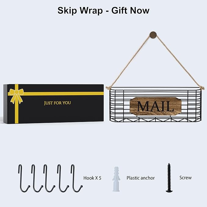 SRIWATANA Mail Holder, Rustic Mail Organizer Wall Mount Hanging Mail Sorter Letter Basket with 5 Key Holder for Wall, Large, 