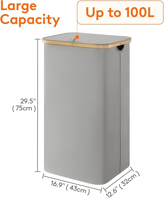 Lifewit 100L Laundry Basket with Lid, Clothes Hampers for Laundry with Bamboo Handles and 1 Removable Bag, Large Foldable Lau