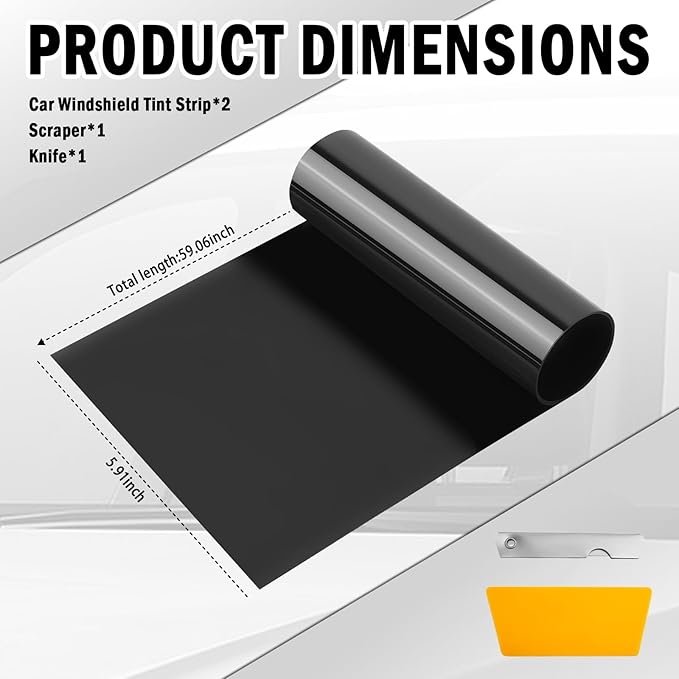 2PCS 59.06X5.91 Inch Car Window Tint Film Kit 5% VLT,Anti-Glare Car Front Windshield Tint Strip with Knife & Scraper,Cuttable Automotive Window Tints Kit Cars Accessories