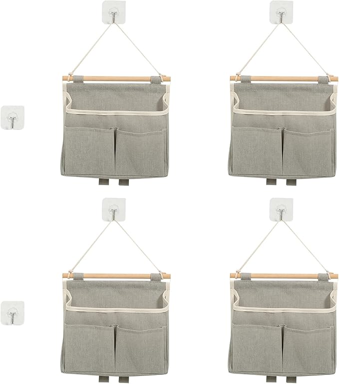 4 Pcs Wall Hanging Storage Caddy Bags, Wall Hanging Organizer Bag with Hooks, Linen Cotton Fabric Hanging Wall Door Organizer