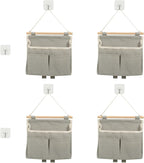 4 Pcs Wall Hanging Storage Caddy Bags, Wall Hanging Organizer Bag with Hooks, Linen Cotton Fabric Hanging Wall Door Organizer