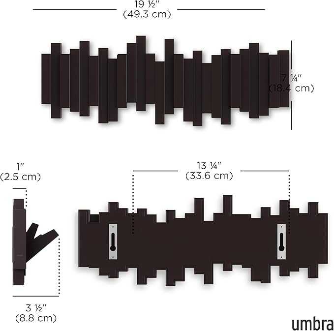 Umbra Sticks Wall-Mounted Coat Rack Rail Hook with 5 Retractable Pegs – Modern, Space-Saving Storage Organizer, Espresso