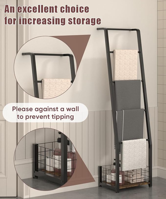 6.3ft Blanket Ladder with Storage Basket, 5 Tier Decorative Ladder Shelf Stand for Living Room & Bedroom, Wall-Leaning Blanke