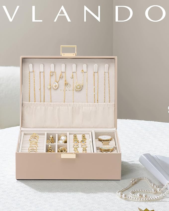 VLANDO Jewelry Organizer,2 Layer Jewelry Box Large Jewelry Organizer for Women Removable Jewelery Tray with Watch Pillow for 