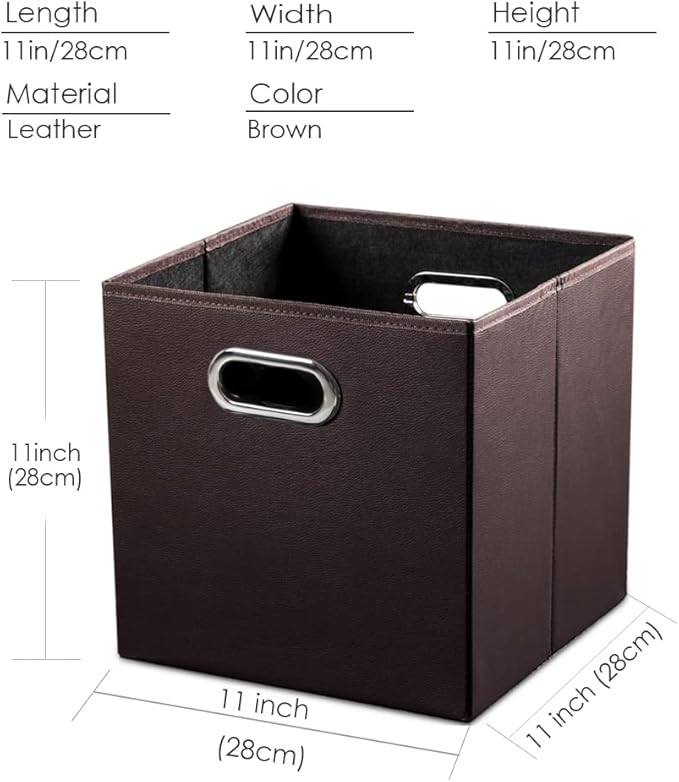 PRANDOM Leather Foldable Cube Storage Bins 11x11 inch [4-Pack] Fabric Storage Baskets Cubes Drawer with Cotton Handles Organi