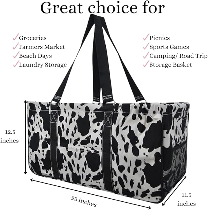 NGIL Extra Large Utility Tote Reusable Grocery Organizing Bag Oversized Collapsible for Storage, Picnic,Car, Beach (Cow Splatter Print-black)