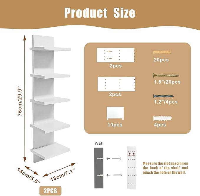 2 PCS 5 Tier Shelves for Wall, Decorative Wall Mounted Vertical Shelving Column Decor Mount Floating Storage Organizer Natura