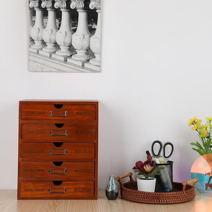 Wooden Storage Box with 5 Drawers Apothecary Drawers Vintage Wooden Drawers Wood Desktop Organizer with Drawers Countertop Dr