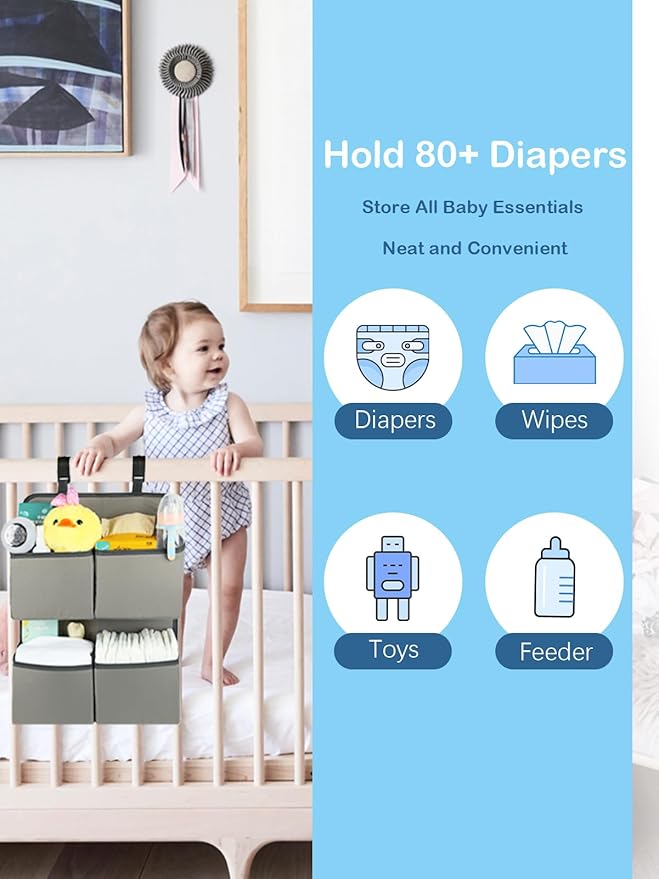 Hanging Diaper Organizer for Crib/Playpen/Bassinet – Hold 80+ Diapers - 4 Deep Pockets-H19in x L15 in Changing Table Diaper H