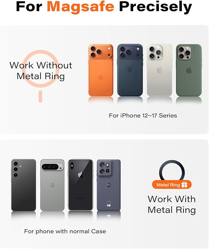OQTIQ Magnetic Car Phone Mount Holder, Dashboard Mount with 3M Adhesive, Black Carbon Fiber, Aluminum, MagSafe Compatible for iPhone 17/16/15/14/13/12, 360-Degree Adjustable, 2 Pack (Orange-2 Pack)