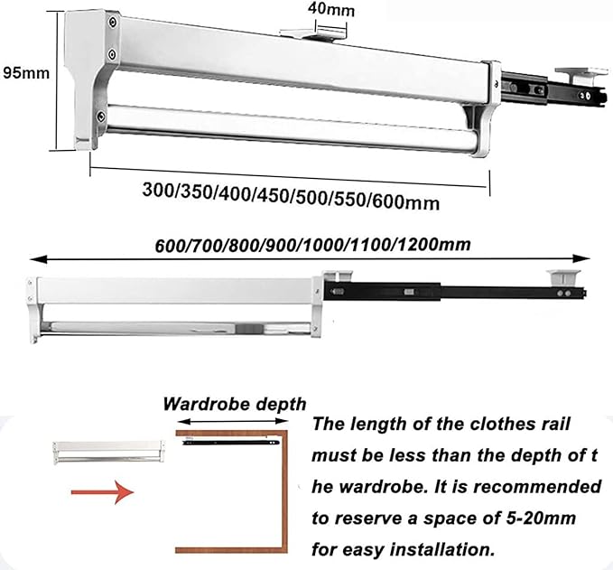 Pull Out Clothes Rail Retractable Closet Rod - Pull Out Closet Rod, 30-80 Cm Pull-Out Clothes Rail, Extendable Wardrobe Rail 