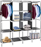 Karlhome 4-Tiers 12 Compartment Canvas Wardrobe, Portable Fabric With Shelves and Cover for Hanging Clothes, Clothes Rail Wit