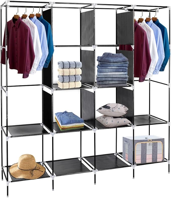 Karlhome 4-Tiers 12 Compartment Canvas Wardrobe, Portable Fabric With Shelves and Cover for Hanging Clothes, Clothes Rail Wit